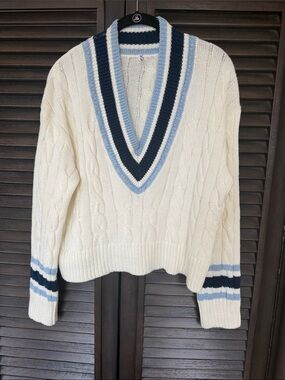 Veronica Beard Cream Cable V-Neck Sweater with Navy & Light Blue Stripes